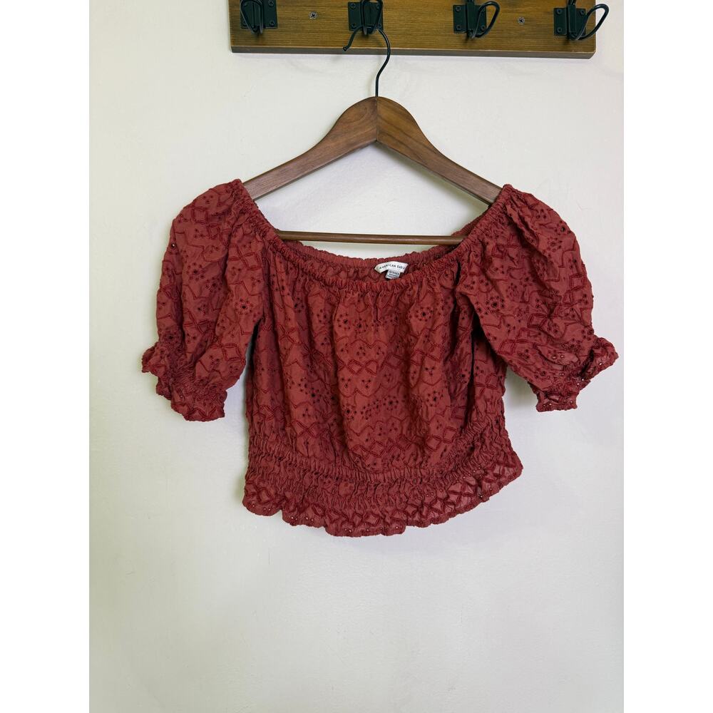 American Eagle Off The Shoulder Blouse Eyelet Short Sleeve Summer Stretch XS